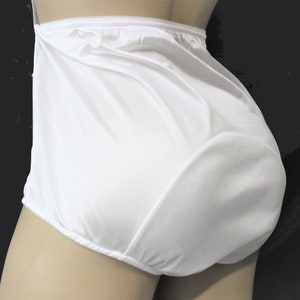 Mutandine in tricot di nylon bianco con doppio tassello a forma di fungo molto grande per adulti, sissy, retrò, vintage, travestiti