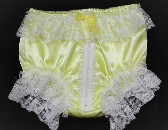 Yellow Adult Sissy SATIN Full Cut Panties - Cross Dresser - Zipper Front & Lace