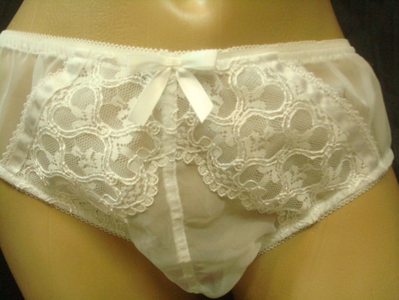 Adult sissy Chiffon Pantie with BRIDAL EMBROIDERED Lace & Ribbon Custom made specially made for men