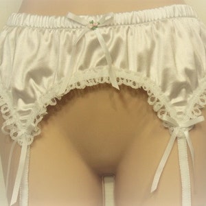 Adult Sissy 4 Strap White - White Garter belt - Shiny SATIN Spandex & LACE - Adjustable Hook n Eye back closure,