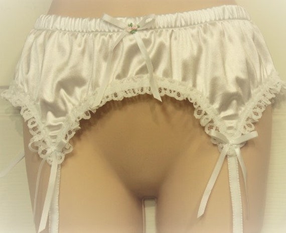 Adult Sissy 4 Strap White - White Garter belt - Shiny SATIN Spandex & LACE - Adjustable Hook n Eye back closure,