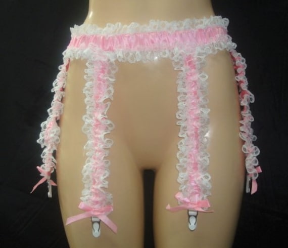 Adult Sissy 4 or 6 Garter Strap PINK White Lace Garter Belt - SATIN & LACE