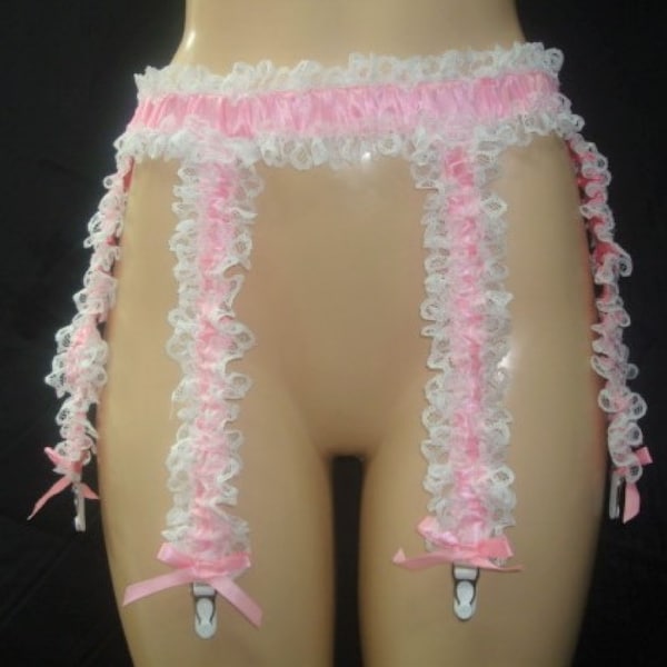 Erwachsene Sissy 4 oder 6 Strumpfband PINK White Lace Strumpfband - SATIN & LACE