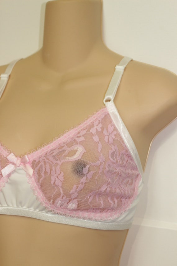 Vintage Sheer Style Candy Pink Lace Bra Adult Sissy Cross Dresser Fetish  Bra for Men 