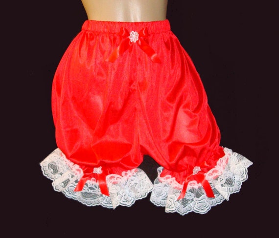 Adult Sissy Baby RED Tricot Short Bloomer Panties with Lace