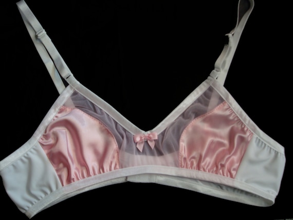 Adult Sissy Handmade PINK Satin w/ sheer front cross dresser  BRA for Men - will fit cups from AA To B