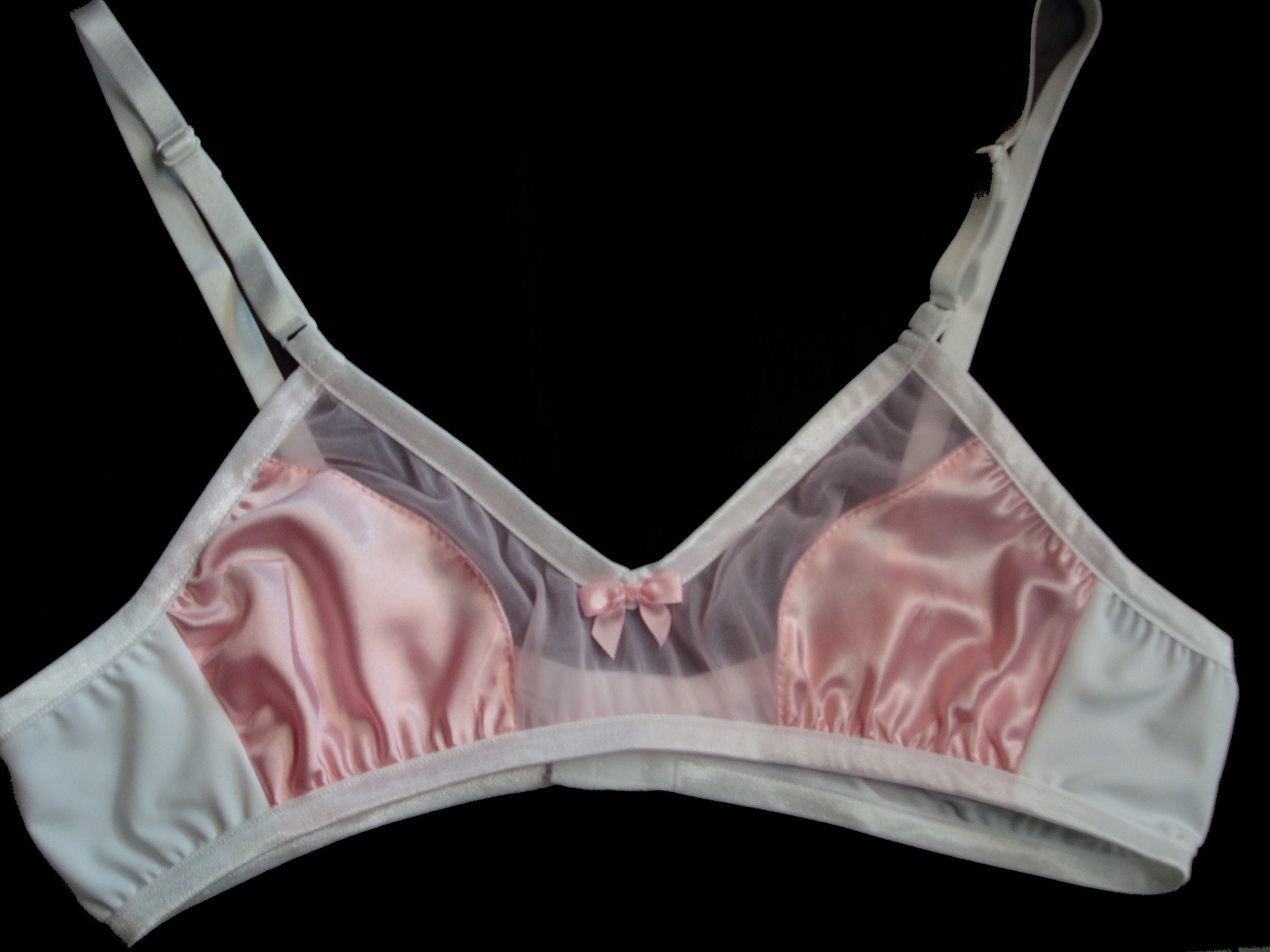 Adult Sissy Handmade PINK Satin w/ sheer front cross dresser BRA for Men -  will fit cups from AA To B