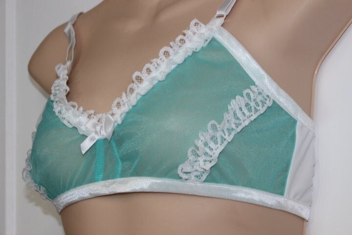 Teal Sheer Nylon Chiffon BRA With Lace Adult Sissy Cross Dresser training  Bra for MEN 