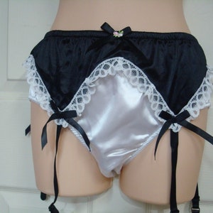 Adult Sissy 4 or 6 Strap BLACK - White Garter belt - SATIN & LACE - hook n eye back closure