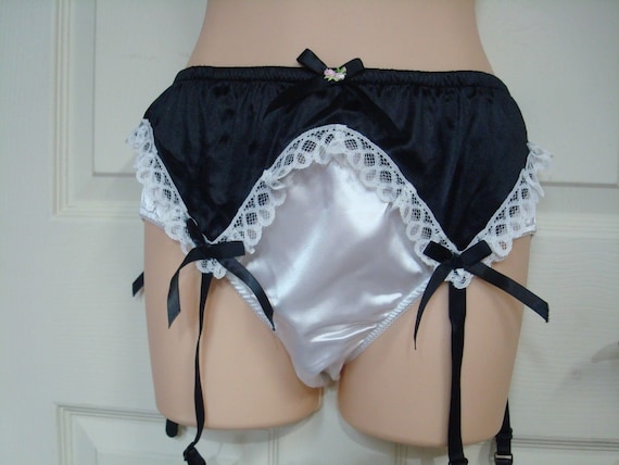 Adult Sissy 4 or 6 Strap BLACK - White Garter belt - SATIN & LACE - hook n eye back closure