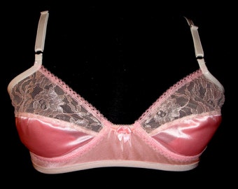 Adult Sissy Handmade PINK Satin Spandex with Sheer Lace front BRA for Men -will fit cups from AA To B