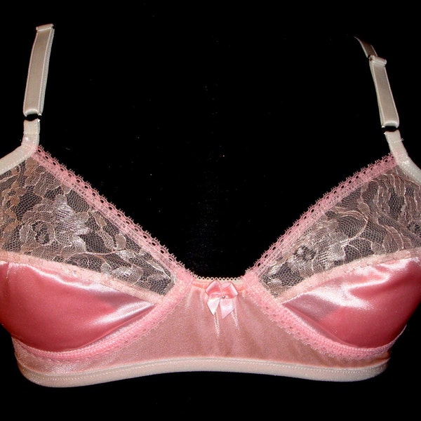 Adult Sissy Handmade PINK Satin Spandex with Sheer Lace front BRA for Men -will fit cups from AA To B