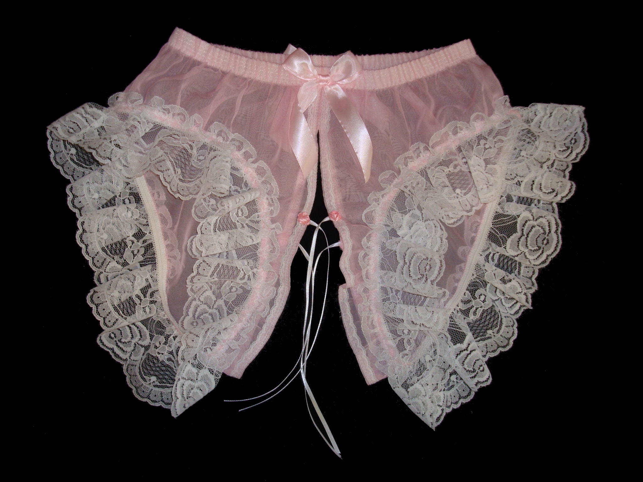 Adult Sissy Polyester Chiffon Open Crotch Panties Very Frilly In Lace