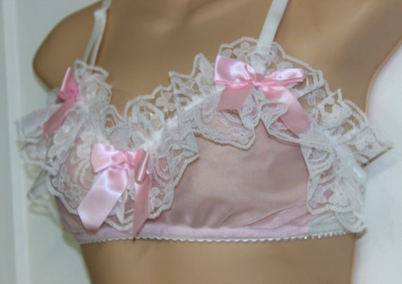 Candy Pink Sheer Nylon Chiffon BRA With Lace Adult Sissy Cross