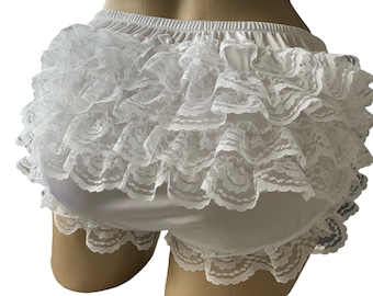 WHITE Nylon Tricot Adult Sissy Ruffle Panties Fetish Cosplay