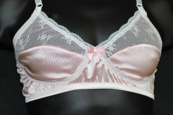 Adult Sissy Handmade PINK Satin Spandex with Sheer Lace front BRA for Men - will fit cups from AA To B