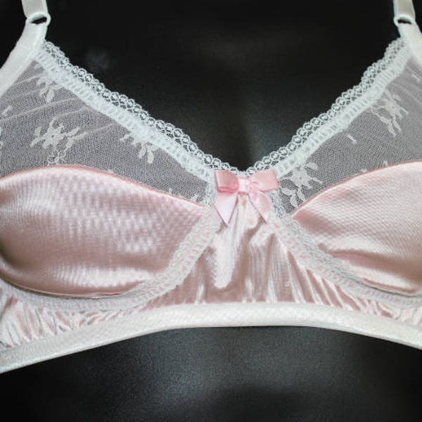 Adult Sissy Handmade PINK Satin Spandex with Sheer Lace front BRA for Men - will fit cups from AA To B