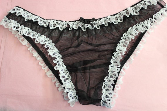Sissy SHEER  NYLON Chiffon Bikini Panties French Maid Black White - Cross Dresser - Sissy Panties