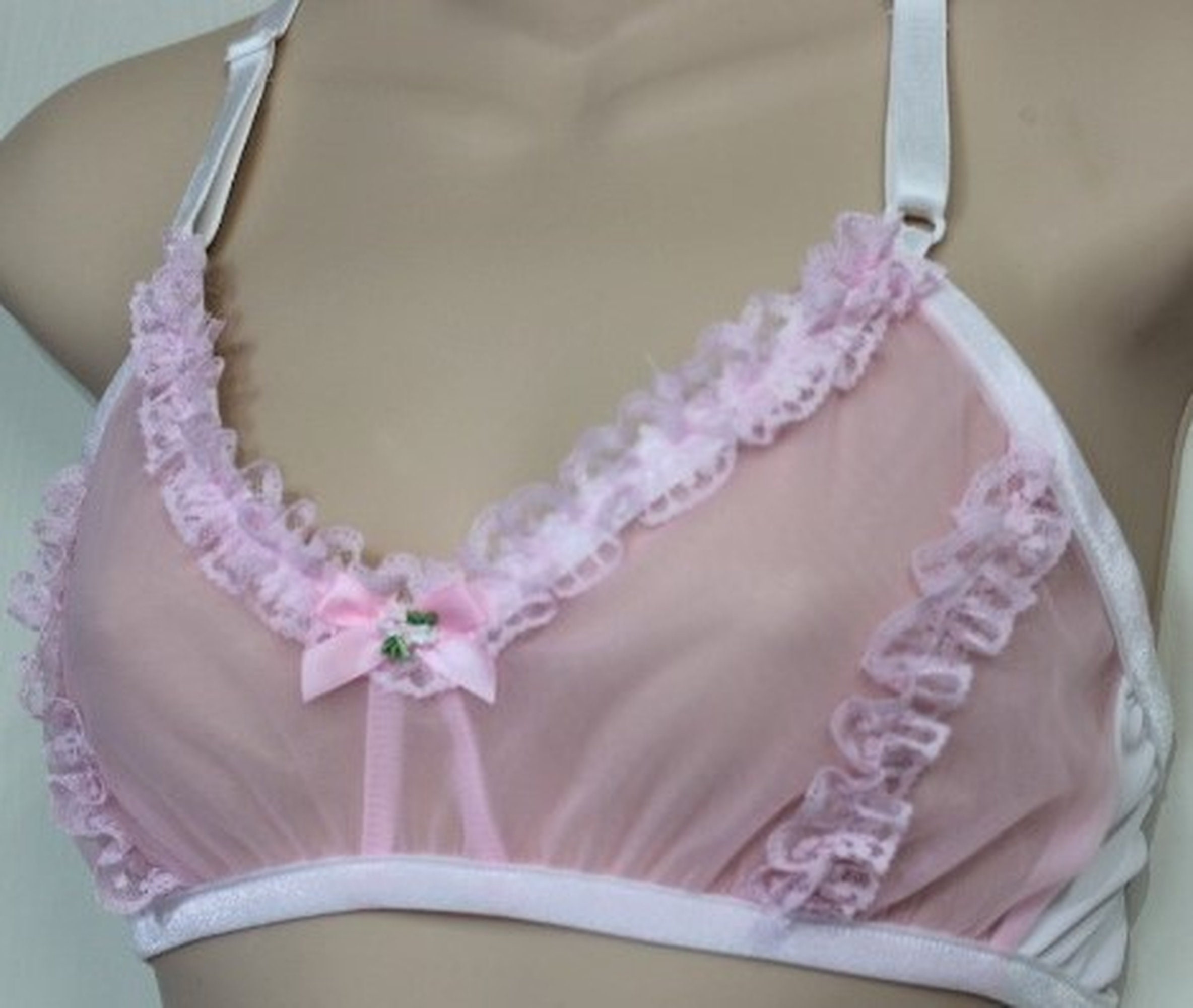 Candy Pink Sheer Nylon Chiffon BRA with Lace Adult Sissy - Cross Dresser  Training Bra for MEN