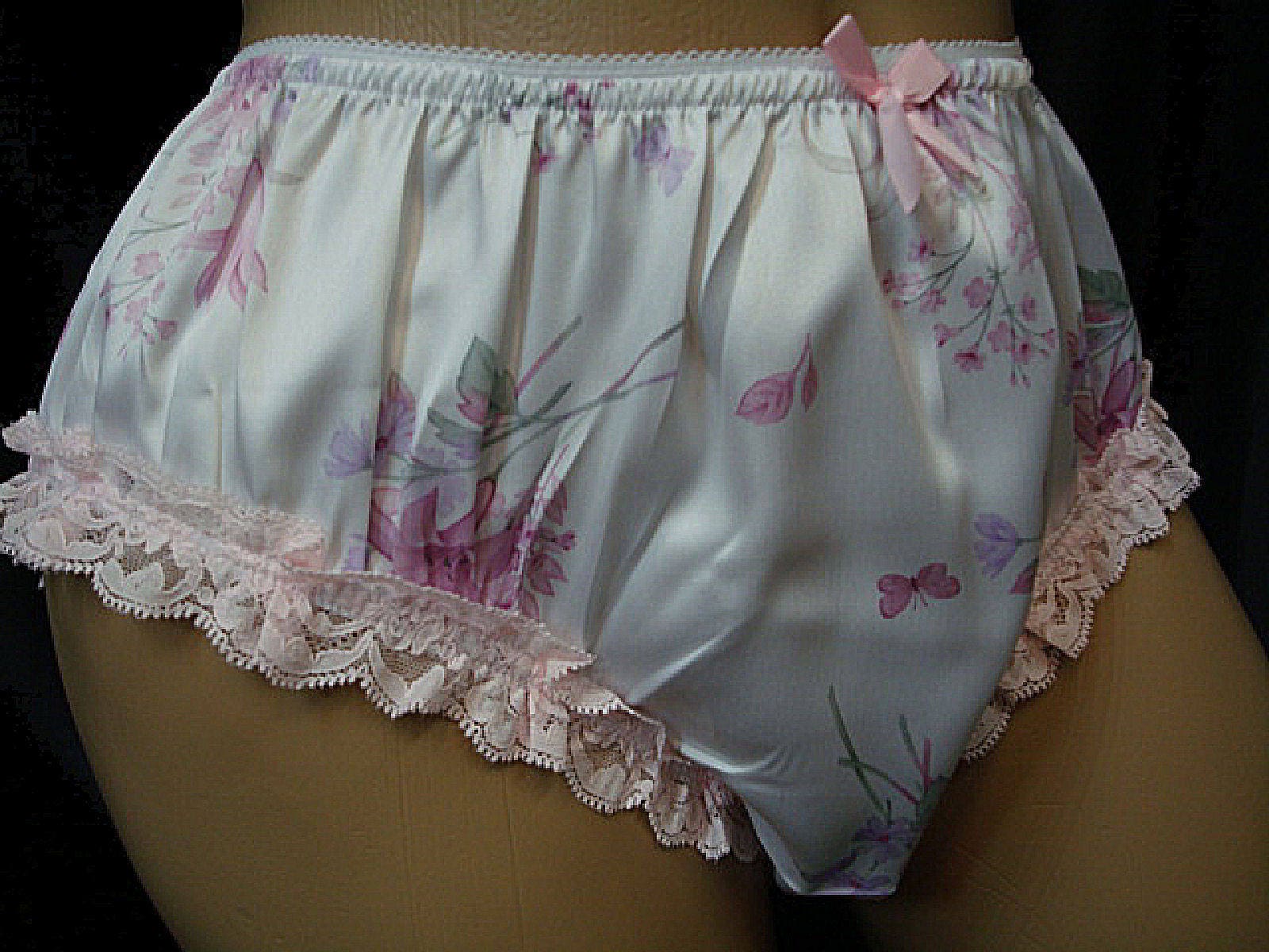 Printed Satin Handmade Sissy Ruffle Brief Style Panties W Leg Lace S 2xl