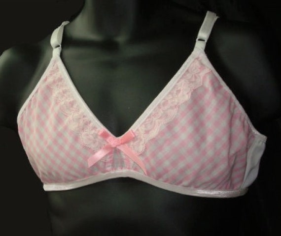 Adult Sissy PINK Gingham & Lace Bra for Men Cross Dresser Will Fit Cups  From AA to B Training Bra 