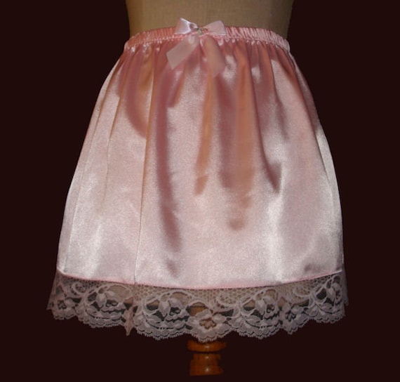 Adult Sissy Satin & Lace Slip Skirt option of two lenght 14 or 16 WHITE