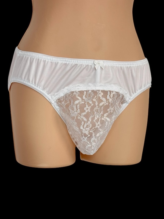 WHITE Bikini Adult Sissy Spandex & Lace Panties for men - Cross Dresser - Sexy Briefs