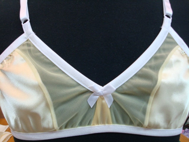 Adult Sissy Handmade Yellow Satin & sheer front cross dresser BRA for Men -  will fit cups from AA To B