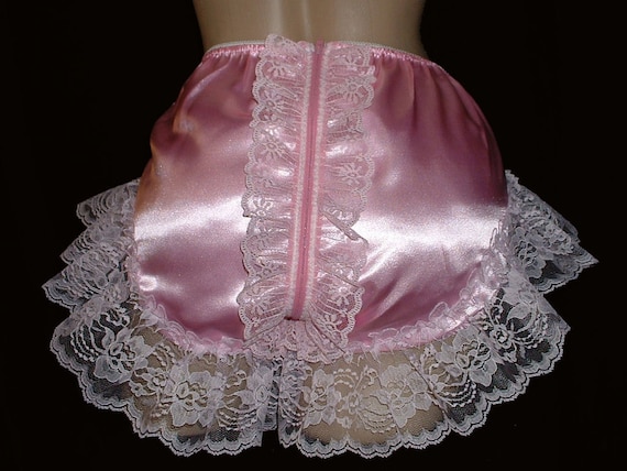 Adult Sissy SATIN Full Cut Panties - Cross Dresser - Zipper Open Back & Lace - Spanking