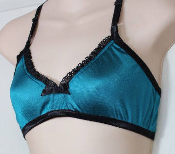 Bra for Men Teal / Black -  Cross dresser - fetish - Sissy -Bra Tricot- Shiny Tricot Bra