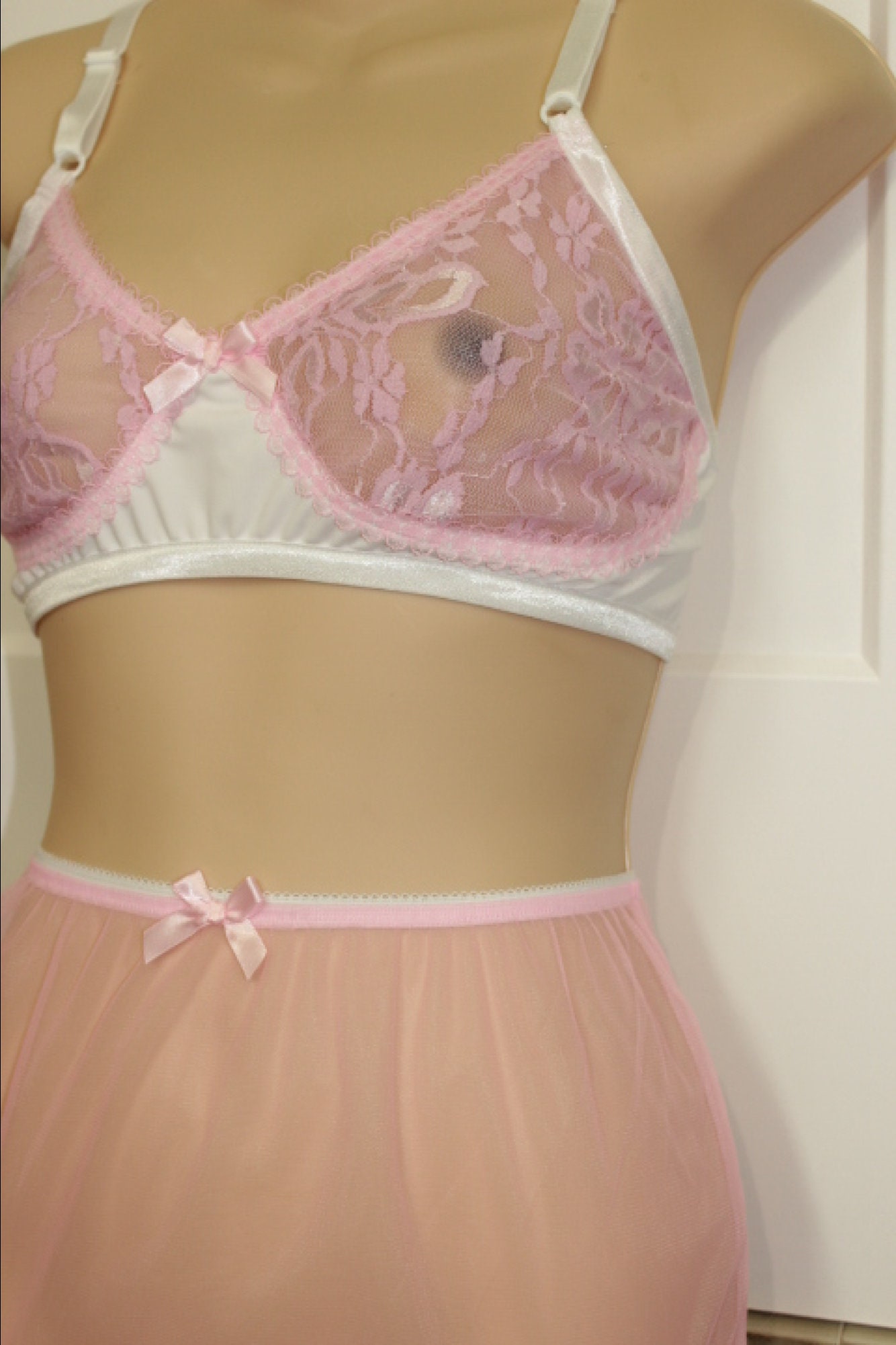 Vintage Sheer Style Candy Pink Lace Bra Adult Sissy Cross dresser