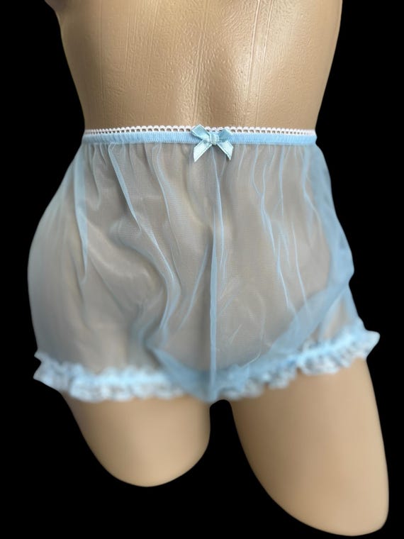 Adult Sissy Lt. Blue Sheer Nylon Chiffon Full Cover Granny Panties leg lace