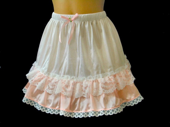 Skirt White & Pink Ruffle Adult Sissy Vintage inspired Slip Skirt 14 inch Long