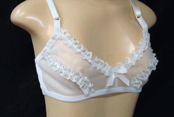 White Sheer Nylon Chiffon BRA With Lace Available in All COLORS Adult Sissy  Cross Dresser training Bra for MEN 