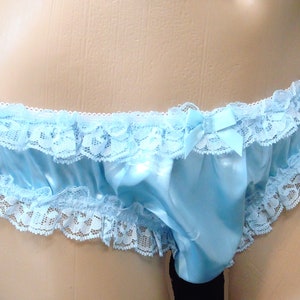 Adult Sissy BLUE SATIN Panties Leg & Waist Trim in Lace Cross dresser