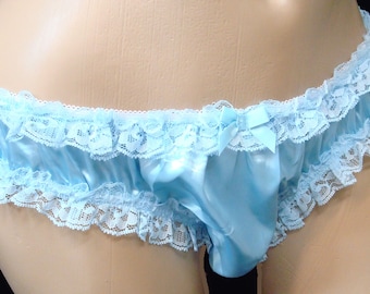 Adult Sissy BLUE SATIN Panties Leg & Waist Trim in Lace Cross dresser
