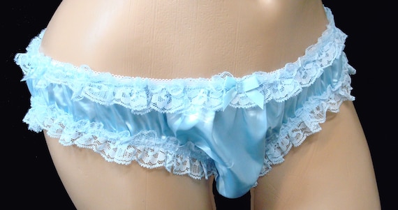 Adult Sissy BLUE SATIN Panties Leg & Waist Trim in Lace Cross dresser