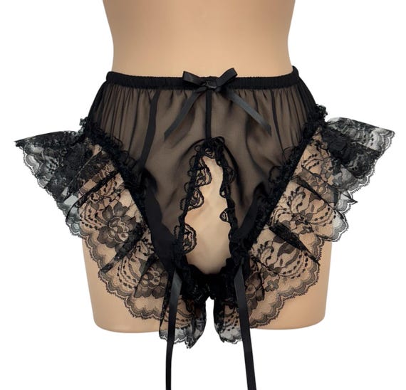 Black Adult Sissy Polyester Chiffon OPEN CROTCH Panties very frilly in Lace