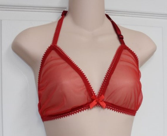 Red Halter Bra Sheer Nylon Chiffon with Lace Adult Sissy