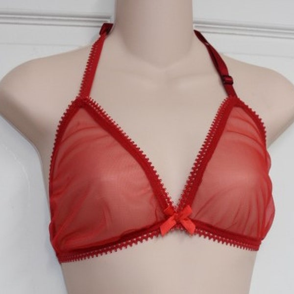 Red Halter Bra Sheer Nylon Chiffon with Lace Adult Sissy