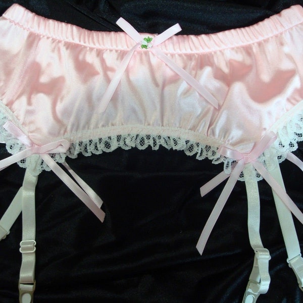 Adult Sissy 4 Strap PINK - White Garter belt - Shiny SATIN Spandex & LACE - Adjustable Hook n Eye back closure,