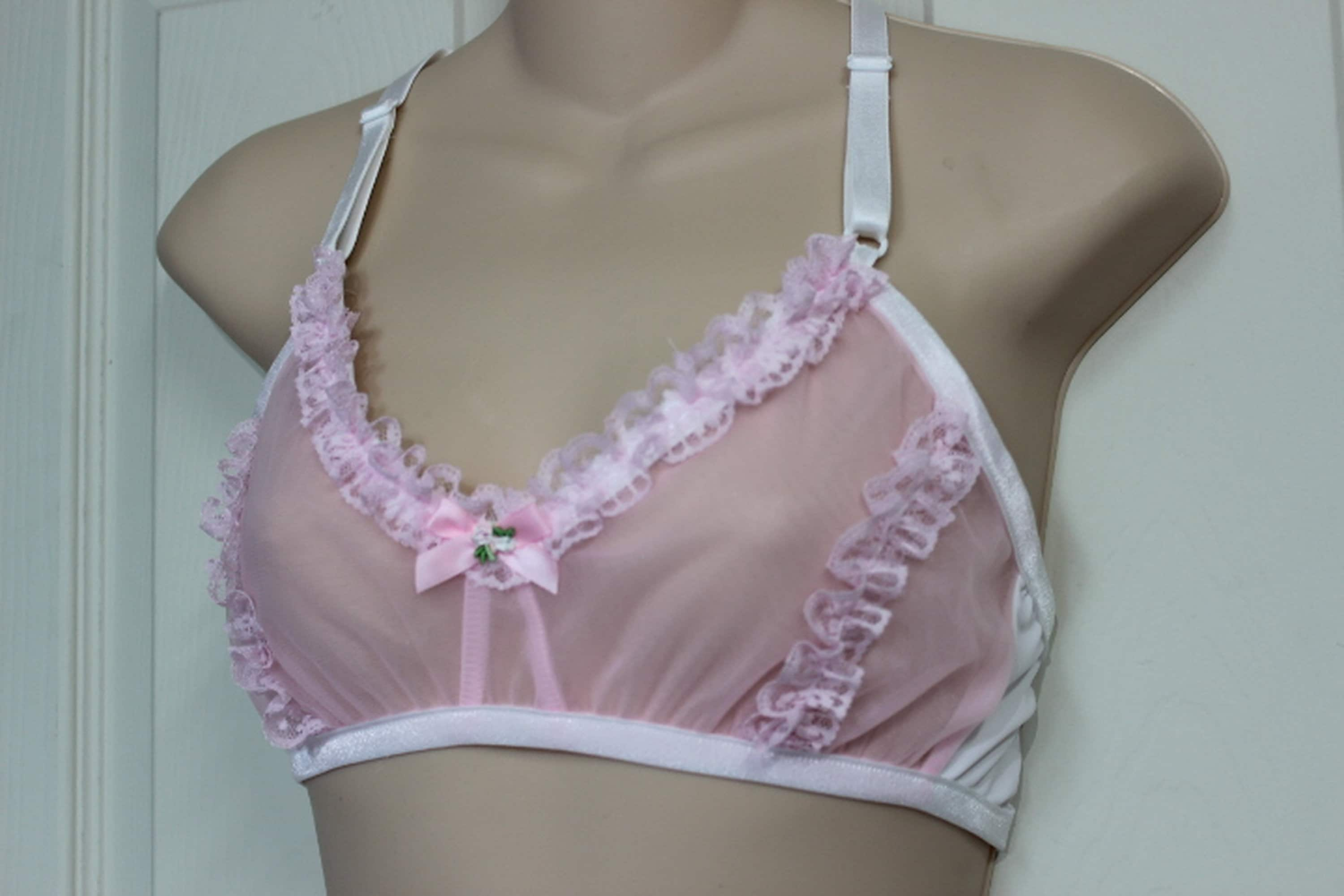 Candy Pink Sheer Nylon Chiffon BRA With Lace Adult Sissy Cross Dresser training  Bra for MEN -  Hong Kong