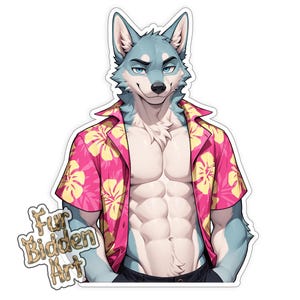 Vinyl Sticker, Wolf Furry, Wolf Stud, Anthro, Animal, 6 pack, Furry guy, Aesthetic, Anthropomorphic, Fursona, Muscular, dude, male