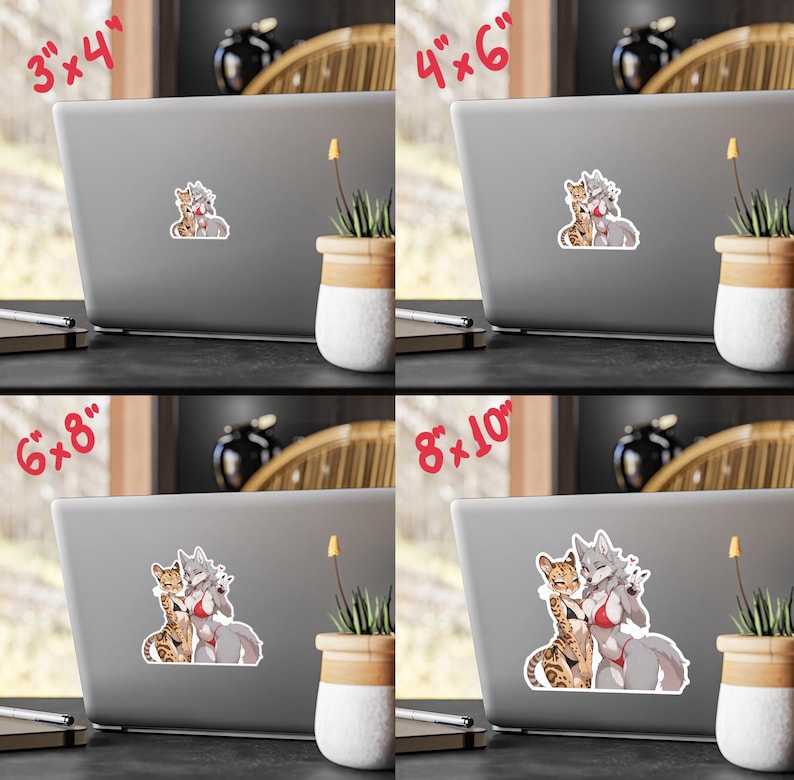 Adesivo sexy Furry Duo / Ragazza gatto lupo e leopardo in bikini - Waifus da spiaggia, migliori amiche canine e feline, mature immagine 7