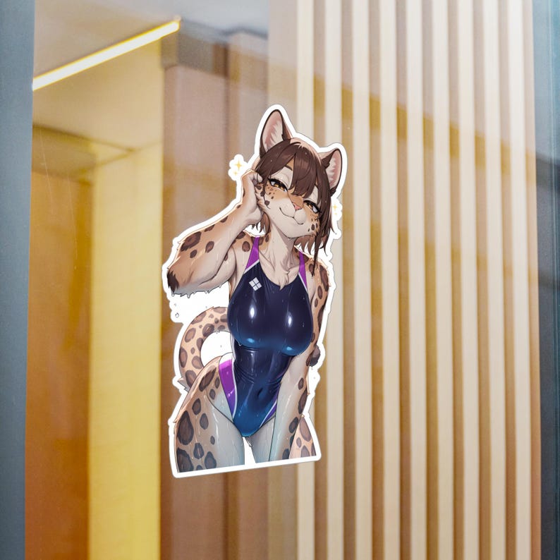 Vinyl Sticker, Leopard Anthro, Furry, Anime Animal Girl, Monster Waifu Aesthetic sticker, Anthropomorphic, Fursona sticker, hologram sticker image 4