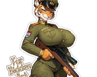 Autocollant en vinyle à fourrure armée, Tiger Anthro, militaire à fourrure, fille animaux tireur d'élite, monstre Waifu, autocollant esthétique, anthropomorphe, Fursona