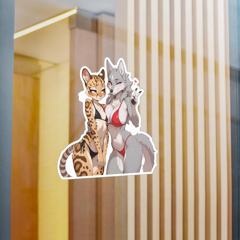 Adesivo sexy Furry Duo / Ragazza gatto lupo e leopardo in bikini - Waifus da spiaggia, migliori amiche canine e feline, mature immagine 5