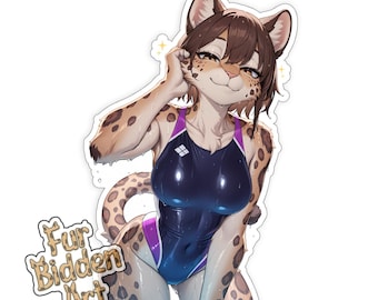 Vinyl Sticker, Leopard Anthro, Furry, Anime Animal Girl, Monster Waifu Aesthetic sticker, Anthropomorphic, Fursona sticker, hologram sticker