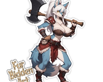 Autocollant en vinyle, Wolf Anthro, fourrure, anime animal girl, Waifu, autocollant esthétique, anthropomorphe, autocollant Fursona, guerrier, hache, barbare
