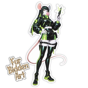 Könnte beinhalten: Ein Aufkleber mit einem stilisierten anthropomorphen Mauscharakter in einem schwarzen und neongrünen Outfit. Die Figur hält ein leuchtendes Messer und bläst eine Blase. Der Aufkleber trägt den Text "Fur Bidden Art".